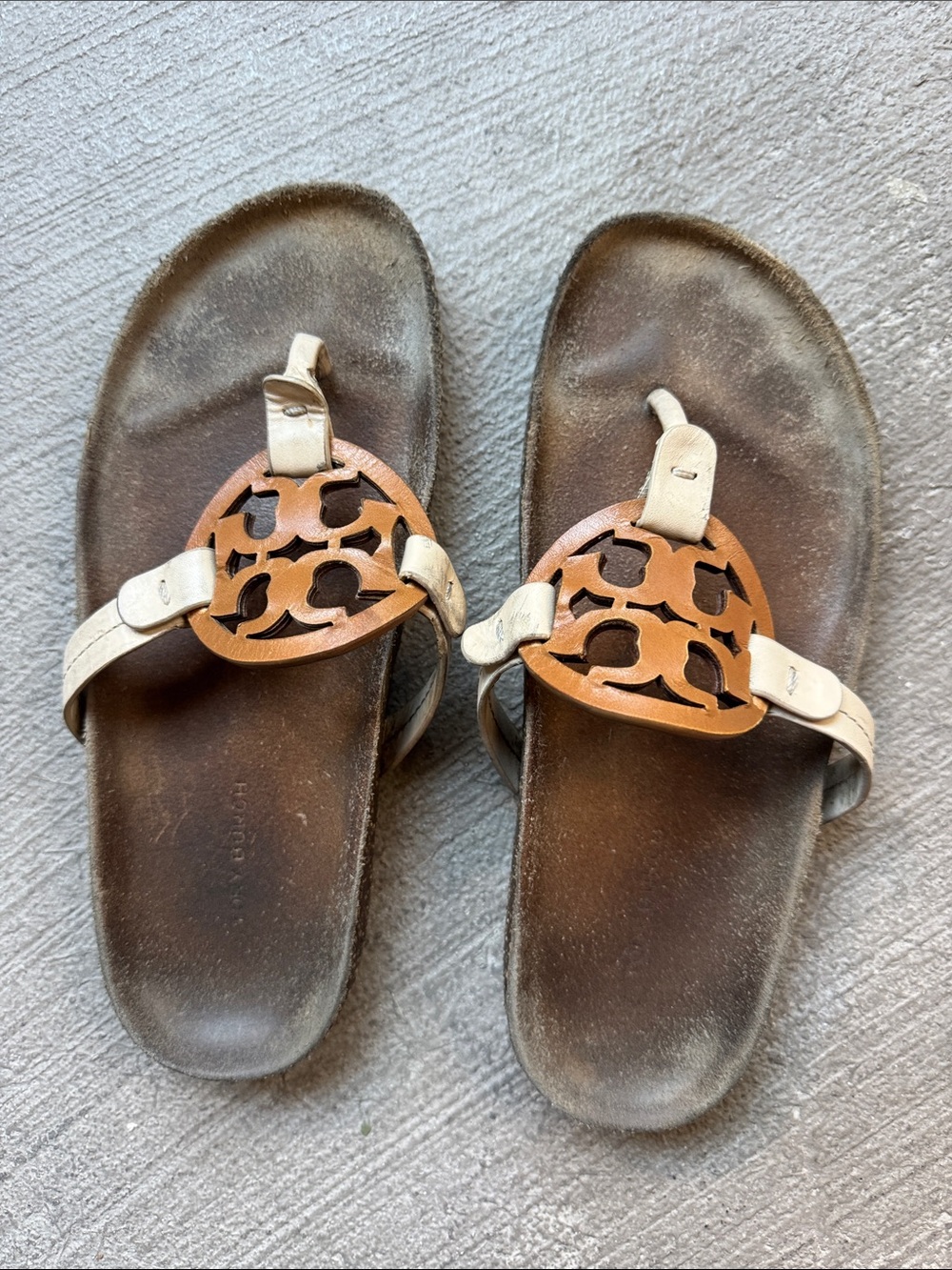Tory Burch Brown Leather Cutout Medallion Sandals with Cream Straps
